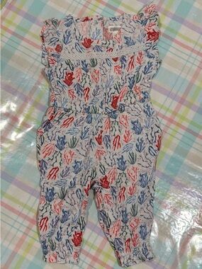 Gymboree White Sleeveless Romper with Red, Blue & Green Coral Print